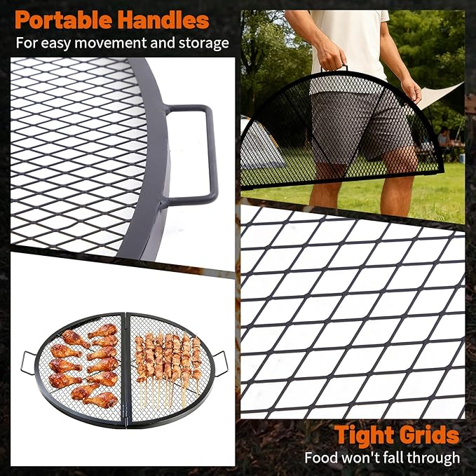 40 Inch X-Marks Fire Pit Grill Grate Round Foldable Fire Pit Cooking Grate Heavy Duty Steel Campfire BBQ Grill Grid with Handles for Outdoor Camping Cooking Black