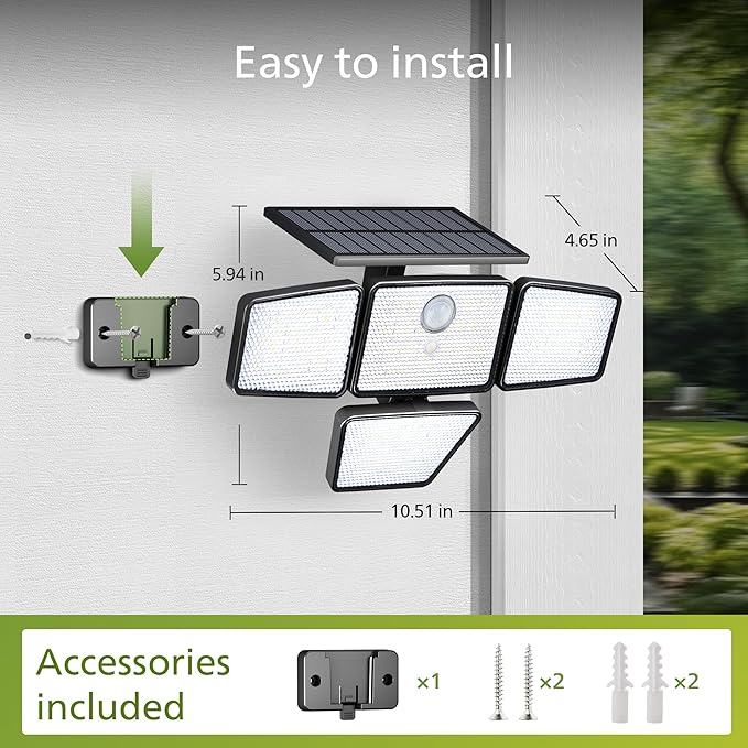 Philips Solar Security Light Outdoor 196 LED Wall-Mounted Flood Light w/PIR Motion Sensor 3 Modes 4 Adjustable Heads Solar-Powered Floodlights with Remote Control IP65 Waterproof 4PK