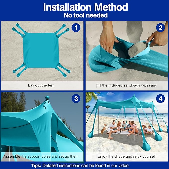 Rhino Valley Beach Tent Shade Canopy UPF50+ Protection 8 Sandbags 4 Stability Poles Outdoor Sun Shelter Umbrella for Sand Camping Fishing Essentials