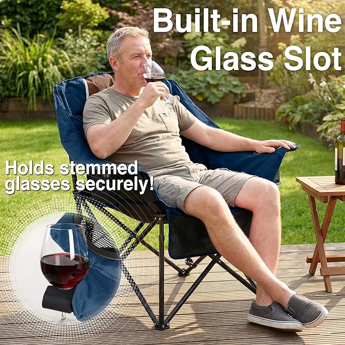 Oversized Camping Chair for Adults - Heavy Duty 400 lbs Padded Folding Chair with Wine Glass Holder 2 Cup Holders &amp Side Pockets Portable Carry Bag for RV Tailgating Lawn