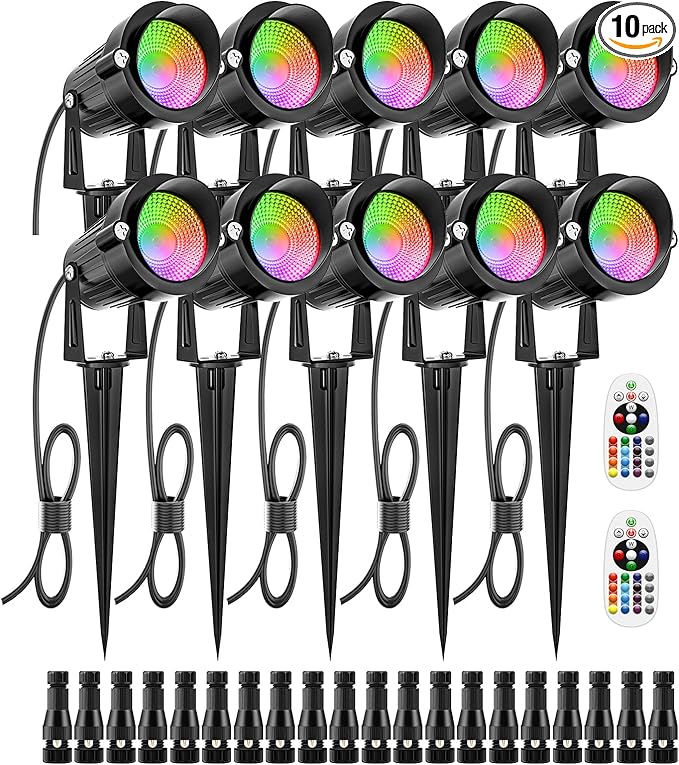 ZUCKEO 12W Color Changing Landscape Lights RGB Low Voltage Landscape Lighting Remote Control Waterproof LED Outdoor Spotlight for Garden Pathway House Christmas Decor 10 Pack with Connector