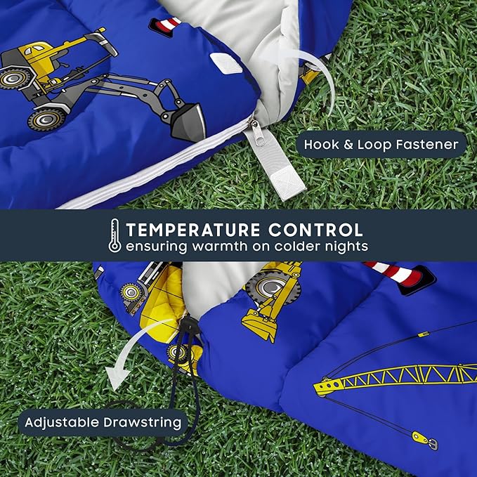 Wake In Cloud - Kids Sleeping Bag for Boys Toddlers Camping in Warm Cold Weather Backpacking Lightweight Compact Outdoor Liner for 3 Seasons Summer Spring Fall Excavator Blue