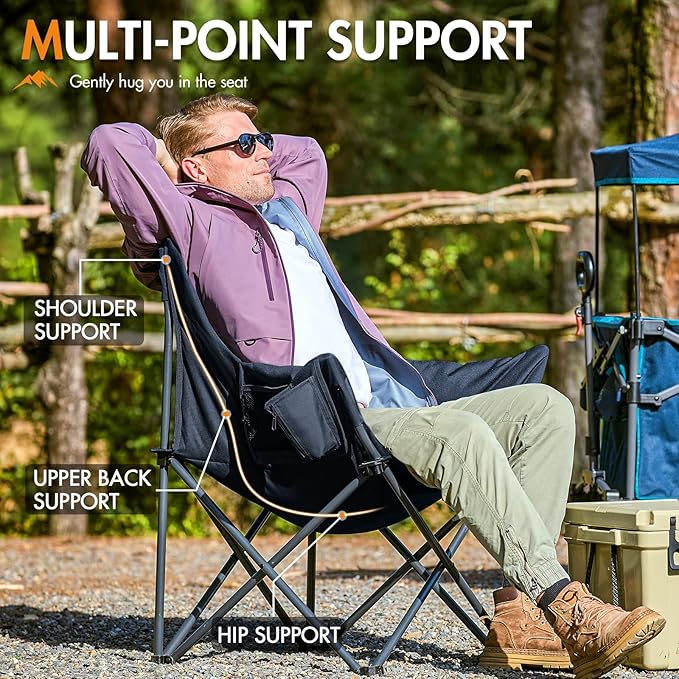 Portal Oversized Padded Camping Chair - Heavy Duty Folding Chair with Cup Holder &amp Side Pocket Supports 330 lbs for Camping Lawn Sports Black