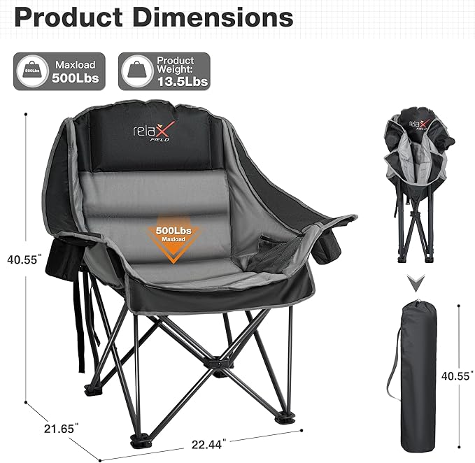 Oversized Camping Chair Portable Folding Padded Camp Chairs with Side Pocket Cup Holder Heavy Duty Support 500LBS Outdoor Lounge Chair for Adults Fishing Sports Trip Black