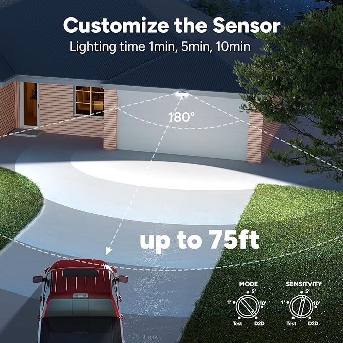 OREiN 10000LM Flood Lights Outdoor 180°/75FT Motion Sensor Outdoor Lights 4 Modes Dimmable Dusk to Dawn Floodlights IP65 Waterproof for 8000SQ.FT Area for Big Patio Driveway Black (Hardwired)