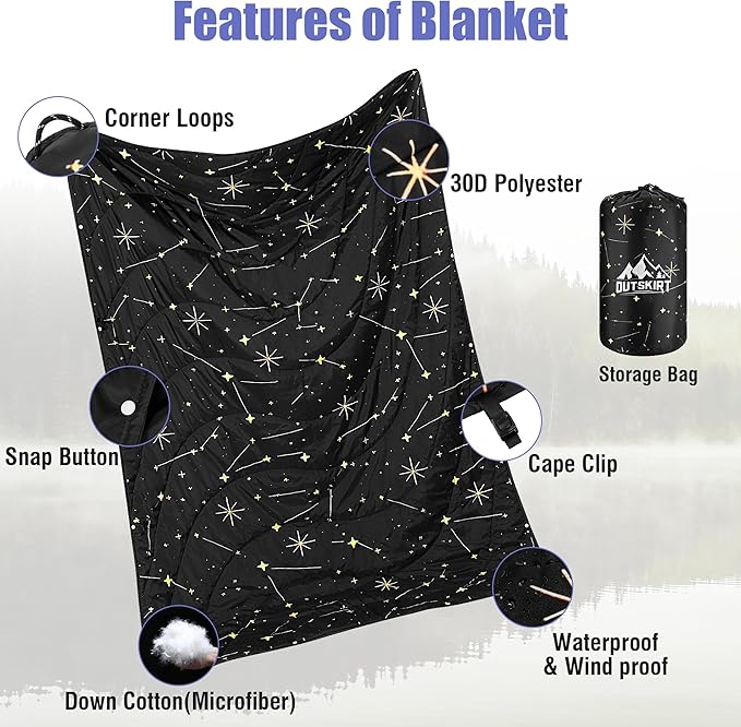 OUTSKIRT Ultra-Light Camping Blanket Packable Camping Blankets for Cold Weather Wearable Puffy Blanket Perfect for Traveling Hiking Festival &amp Stadium Black