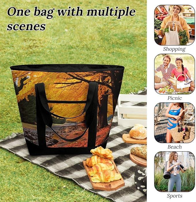 Insulated Shopping BagLarge Reusable Cooler Bags Fall Colors Printed Foldable Shopping BagTravel Waterproof Shoulder Bag