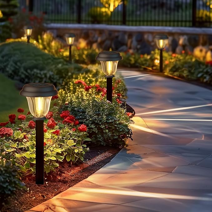 Solar Lights Outdoor 6 Pack Metal Solar Pathway Lights Heavy Duty Stainless Steel &amp Glass Auto On/Off Waterproof Garden Lights for Driveway Landscape Walkway Yard Outdoor Decor (Warm White)