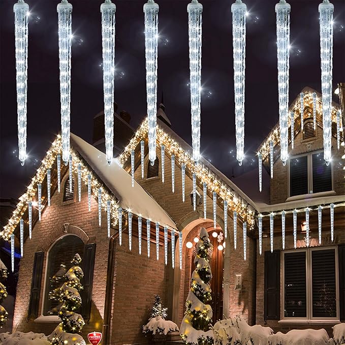 WATERGLIDE 16 Icicles Meteor Shower Lights 12 Outdoor Icicle Christmas Lights 384 SMD LED Crystal Ice Falling Light Connectable Raindrop Iciclelight Xmas Winter Party Tree Holiday Decor White