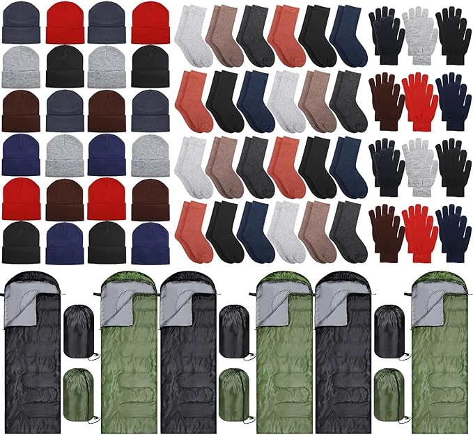 Hillban Homeless Care Package Supplies Sleeping Bags Winter Beanies Gloves Socks Backpacking Lightweight Warm Waterproof Camping Set for Outdoor Hiking Donation Multicolor