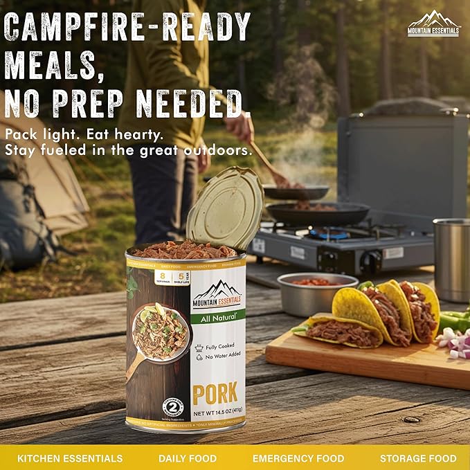 MOUNTAIN ESSENTIALS Canned Pork 14.5 oz – Fully Cooked Ready to Eat – Pantry Staple Meat for Everyday Meals Premium Emergency Survival Bulk Food Storage Camping Hiking &amp Quick Meals – 5-Year