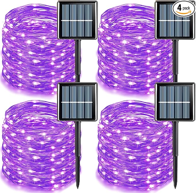 YEGUO 4 Pack Purple Solar Fairy Lights Each 33ft 100 LED Christmas Lights Outdoor Waterproof 8 Modes Sliver Wire Solar String Lights