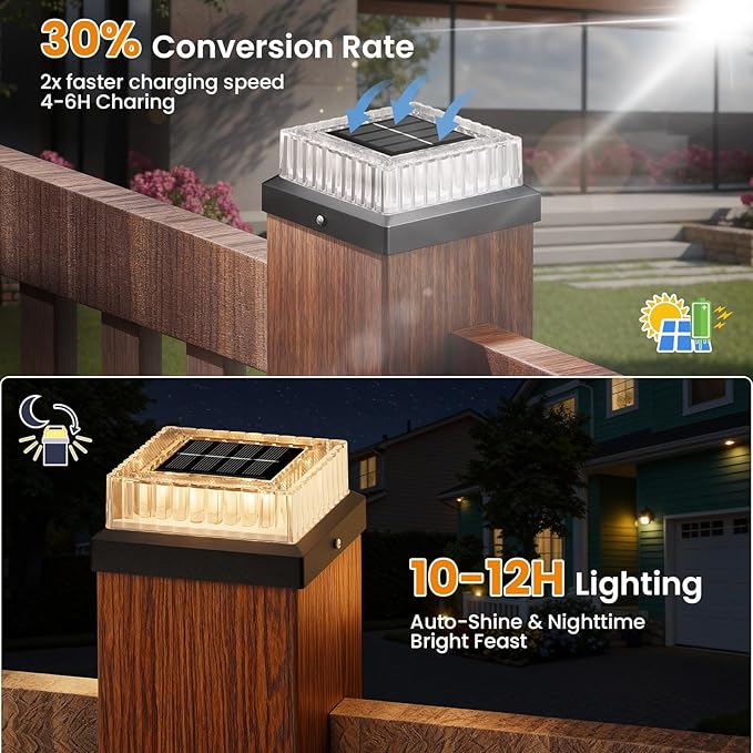 APONUO Solar Post Cap Lights 8-Pack Fence Post Solar Lights with 20 Lumens 3-Sided Panoramic Glow IP65 Waterproof Fence Deck Patio Garden Decor Easy No-Tool Install for 4x4 Posts Black