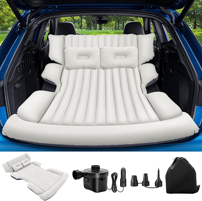 SUV Air Mattress with Air PumpThickened Camping Bed with 2 PillowsPortable Car Air MattressQuick Easy Set-UpInflatable Bed for CarDurability car Bed for SUV HomeTravelCamping(GreyBlue)