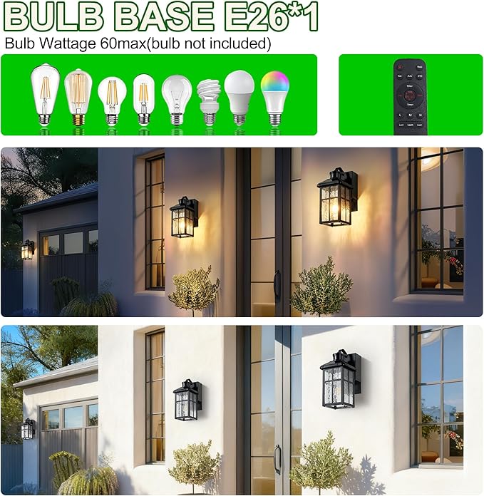 Porch Light with Outlet and Remote Control - Plug in Outdoor Wall Lights with GFCI Exterior Lighting Fixtures Adjustable 3 Sensitivity Levels and 1-10min Delay for Porch Patio Entryway(Black)