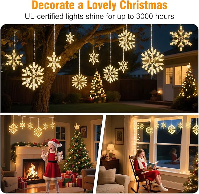 Snowflake Christmas String Lights with 9 Drops - 13ft 150 Mini Bulb Icicle Lights with Hooks Plug-in Connectable Hanging Lights for Christmas Home Indoor Outdoor Party Wedding Holiday Décor 2 Pack