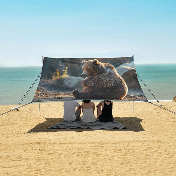 Sitting Bear Pattern Beach Tent Sun Shelter 9.2' x 10.5' Beach Canopy with 4 Sandbags 4 Stability Poles Sand Shovels - Tent Canopy for Beach Camping Fishing Picnics