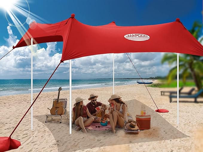 UMARDOO Family Beach Tent Canopy Sun Shade Portable Large Compact Beach Sun Shelter Easy Setup with Packable Bag for Outdoor Travel (Red 10X10 FT. 4Poles)