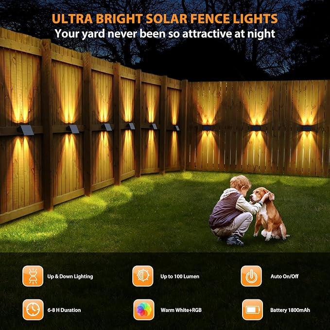 Solar Fence Lights6Pack Solar Lights Outdoor Warm White + RGB Up &amp Down Waterproof 100 Lumens Dusk to Dawn Large Solar Wall Lights for Backyard/Pool/Railing/Patio/Porch/Step/Wall