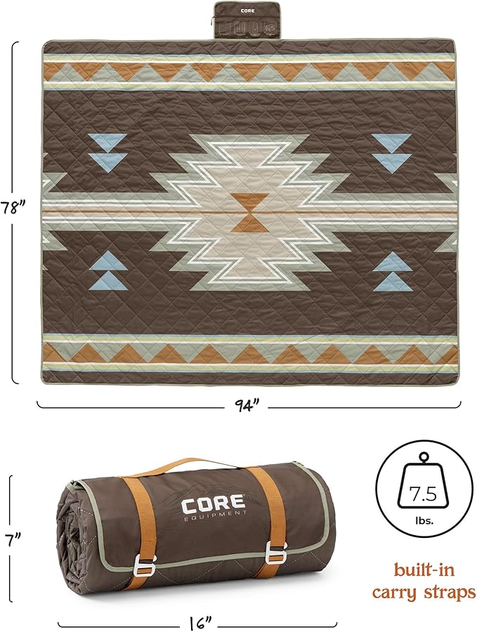 CORE Outdoor Weighted Blanket | Packable Waterproof Picnic Blanket Beach Mat Tent Camping Rug &amp Stadium Blanket | Large Portable 94 x 78 Quilt Design with Built-in Straps and Carry Handle