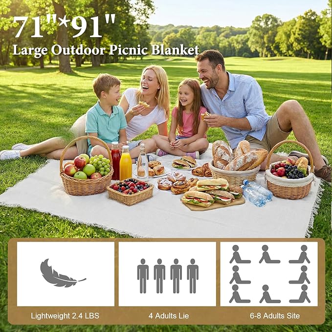 91 x 71 Inch Large White Picnic Blanket Outdoor Picnic Blanket with Fringe Soft Cotton Woven Blanket Picnic Lightweight Foldable Blanket Picnic for Beach Park Camping (White Grid Pattern)