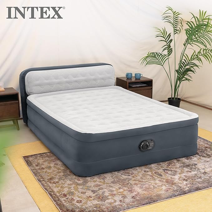 Intex 64447ED Dura-Beam Deluxe Ultra Plush Air Mattress with Headboard: Fiber-Tech – Queen Size – Built-in Electric Pump – 18in Bed Height – 600lb Weight Capacity