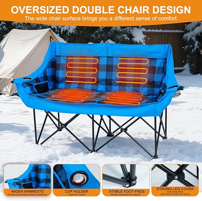 LILYPELLE Heated Double Camping Chair for 2 Person Oversized Padded Folding Loveseat with 3-Levels Heating Portable Camping Couch with Cup Holders &amp Side Pockets Heavy Duty Supports 500lbs