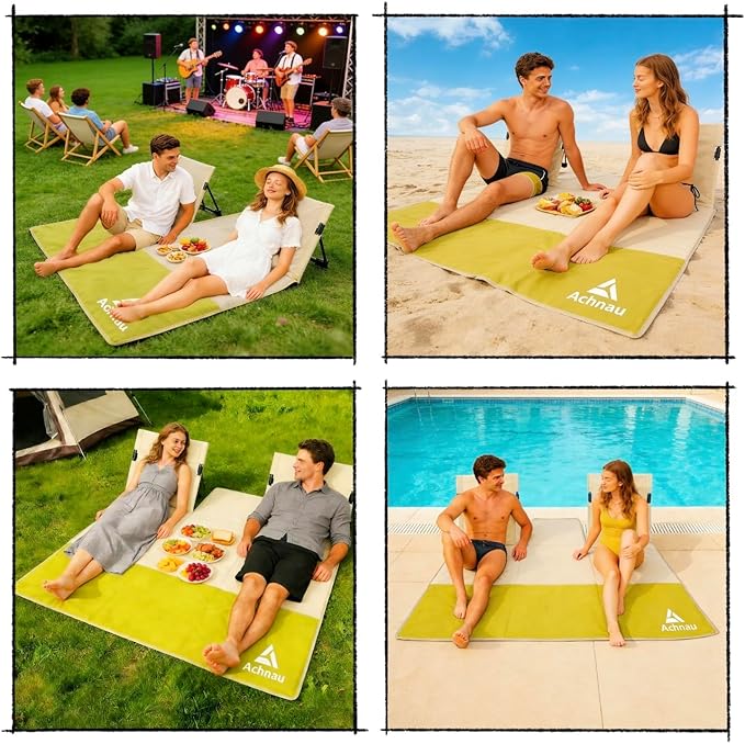Beach Mat Lounge Chair 2-Person Foldable Lightweight Lounge Mat with Back Support600D Oxford 49x49 Widen Beach Seat Storage Bag for Holidays Garden Camping Swimmingpool (Khaki &amp Yellow)