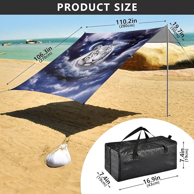 ALAZA Tiger Moon Beach Tent Sun Shelter UPF50+ Protection Beach Shade Canopy w/ 4 Sandbags for Outdoor Camping Fishing Backyard Fun Picnic 10x9 ft