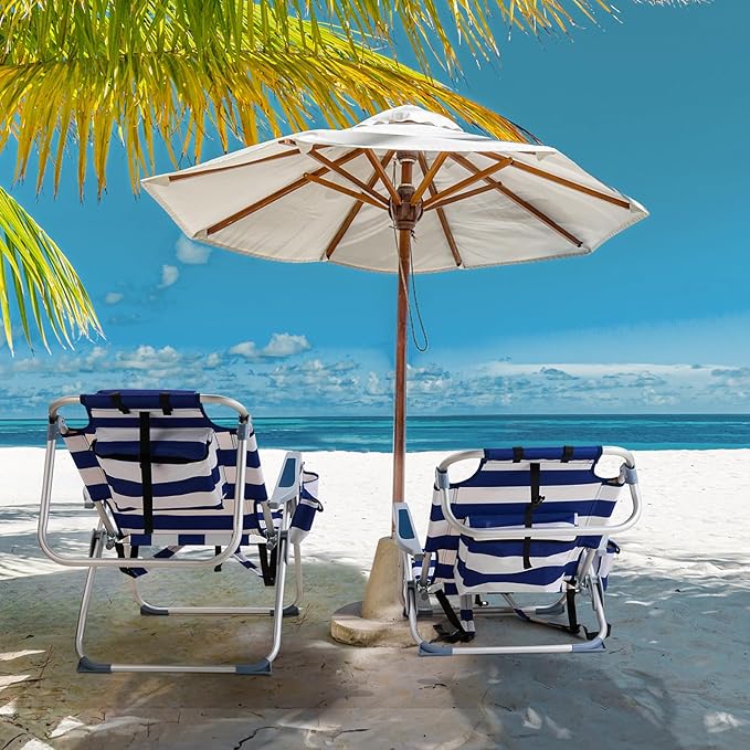 Portable Beach Chair with Backpack Straps Blue and White Striped Aluminum Frame 100kg Capacity