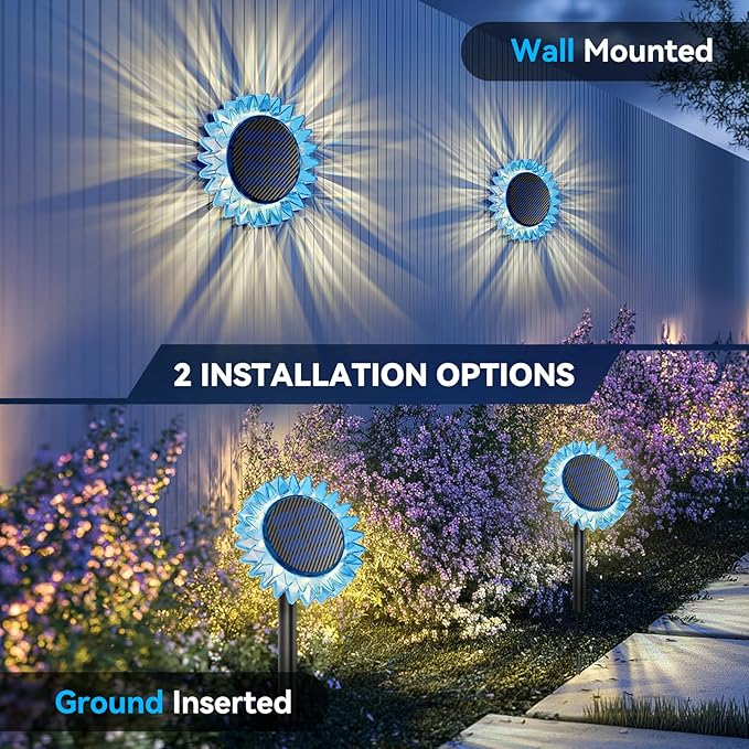 Solar Garden Lights - Upgraded Solar Sunflower Light Ground/Wall 2 In 1 Solar Outdoor Lights Waterproof IP67Garden Yard Patio Backyard Pathway Landscape Fence Wall Decoration Warm White(4 Pack)