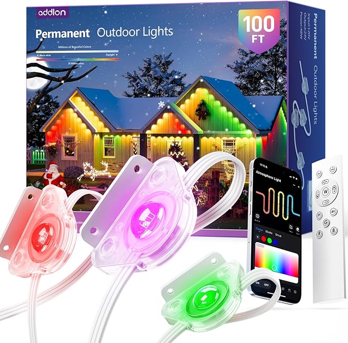 addlon 100FT Permanent Outdoor Lights Smart RGB+IC LED Lights for House &amp Outdoor Decor App &amp Remote Control DIY Scene Modes IP67 Waterproof for Christmas Holiday Party Halloween Decora