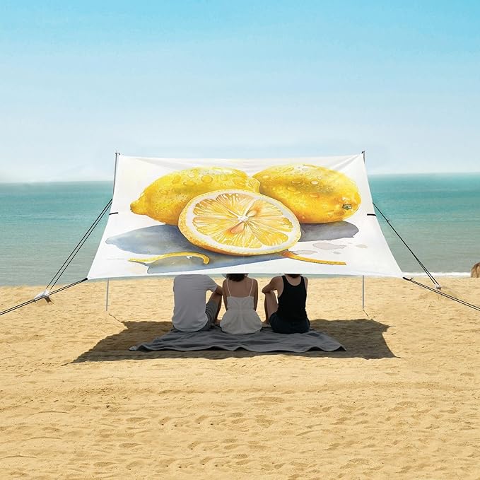 ALAZA Lemon Watercolour Beach Tent Sun Shelter UPF50+ Protection Beach Shade Canopy w/ 4 Sandbags for Outdoor Camping Fishing Backyard Fun Picnic 10x9 ft
