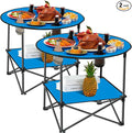 Soaoo 2 Pcs Folding Camping Table with 4 Mesh Cupholders 2 Tier Portable Folding Table Round Lightweight Fabric Compact Carrying Case Beach Table for Summer Outdoor Tailgating Fishing Hiking