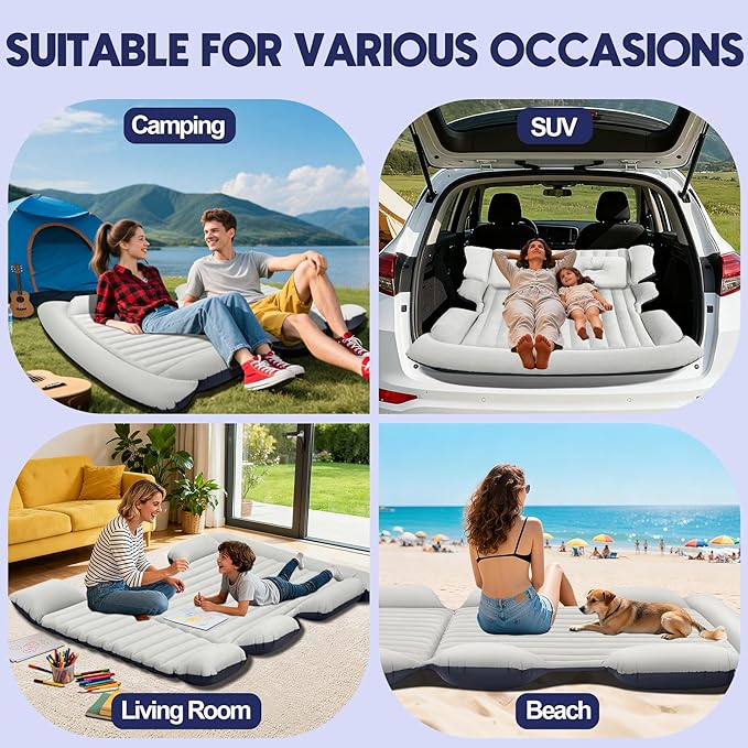 SUV Air Mattress with Air PumpThickened Camping Bed with 2 PillowsPortable Car Air MattressQuick Easy Set-UpInflatable Bed for CarDurability car Bed for SUV HomeTravelCamping(GreyBlue)