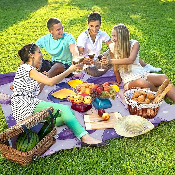 Waterproof Sandproof Beach Blanket 59''×68'' Mushrooms Polyester Outdoor Picnic Blanket with 4 Stakes &amp Storage Bag for BeachCampingVacation Purple