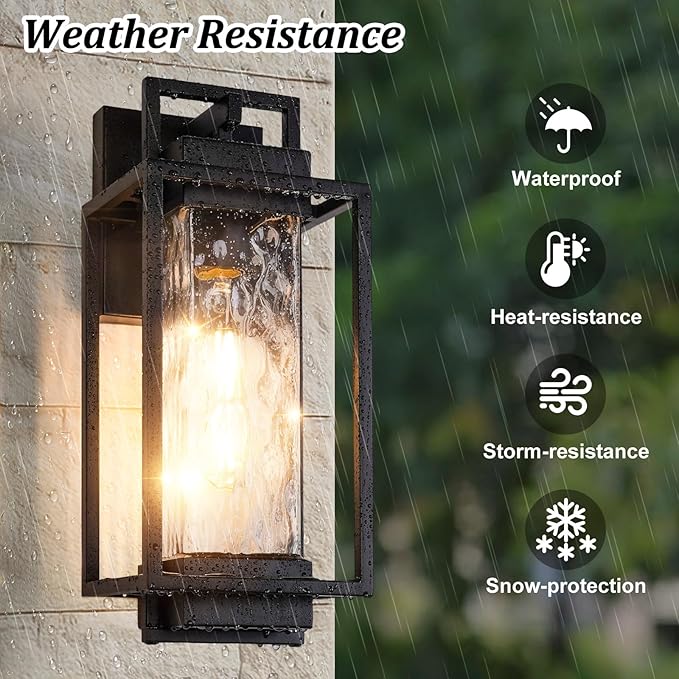 BesLowe 2-Pack Modern Outdoor Wall Lights with 2 LED Bulbs 15’’ Exterior Lighting Fixtures Wall Mount with Water Ripple Glass Black Porch Lights Outdoor Wall Sconces Outside Lights for House Garage