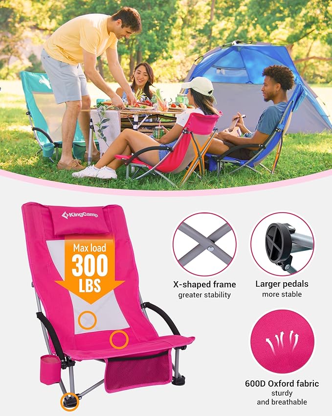 KingCamp Low Beach Chair High Back Folding Camping Chair for Adults Oversized Breathable Mesh Seat 300lbs Heavy Duty Portable Chair with Cup Holder &amp Storage Pockets for Beach Outdoor