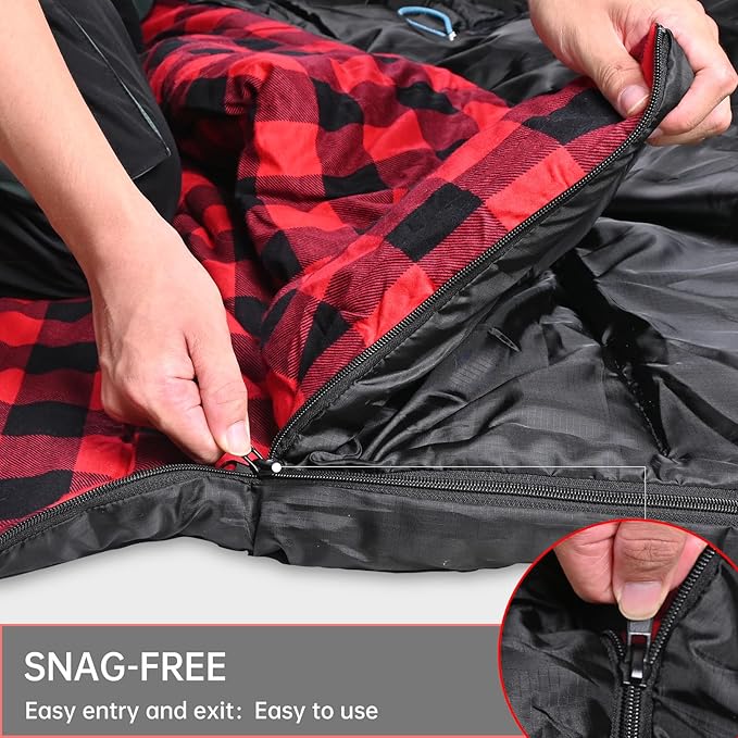 Double Sleeping Bag Cotton Flannel for Camping Backpacking Or Hiking. Queen Size 2 Person Waterproof Sleeping Bag for Adults Or Teens. Lightweight with Compression Sack