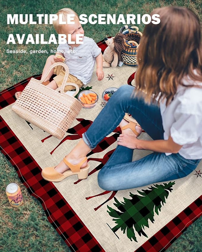 Beach Blanket Waterproof Sandproof Christmas Animal Elk Tree Winter Snowflake Quick Drying Beach Mat with 4 Stakes Red Green Buffalo Grid Shadow Lightweight Picnic Blanket for Travel 95x80