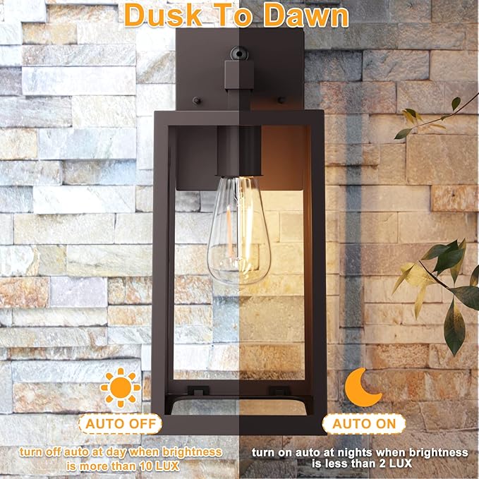 SHINE HAI Dusk to Dawn Outdoor Wall Lantern Exterior Wall Sconce with E26 Base Socket Anti-Rust Waterproof Light Fixture with Glass Shade for Garage Doorway 2 Pack (Dark Chocolate)