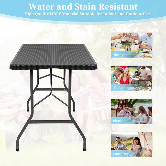 6 Ft White Folding Table Portable Table Camping Table Outdoor Collapsible Dinner Table Outdoor Tables for Patio Yard Wedding Party Cocktail Display