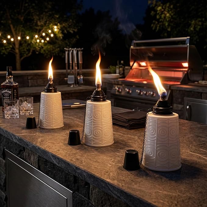 Seraphic Citronella Table Top Torches for Outdoor Patio 16oz Decorative Glass Torch Citronella Candles for Outside Deck Garden Parties Set of 3 White
