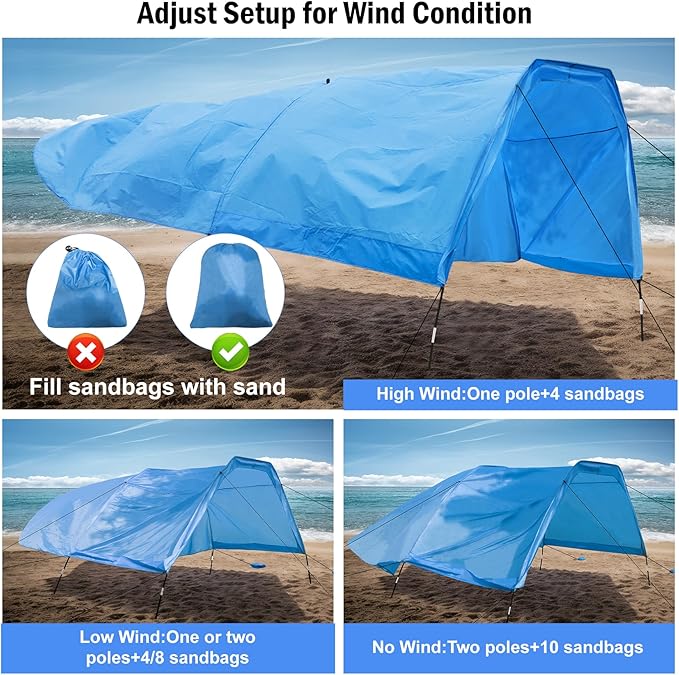 Beach Shade 200 Sq. Ft Beach Canopy for 4-8 People Portable Sun Shelter with UV Protection Lightweight &amp Easy Setup for Family Outdoor Activities (Blue)