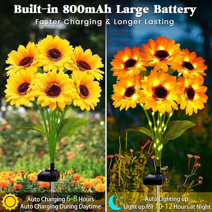 Solar Garden Lights Outdoor 6 Pack Sunflower Lights with 36 Sunflower Waterproof 60 Led Garden Fall Decor Gifts for Mom Grandma Decorative Solar Flowers for Pathway Patio Yard Flowerbed Decoration