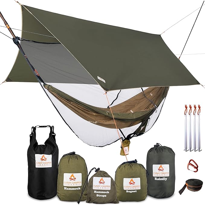 Premium Hammock with Rain Fly Bug Net Tree Straps and Dry Bag - Complete Camping Hammock System with Mesh Bug Net - Outdoor Combo Kit with Rainfly Bundle for Backpacking…