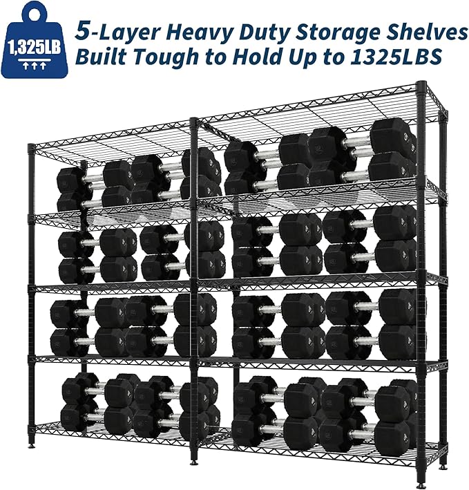 5-Tier Metal Wire Storage Rack for Food Service - Adjustable L-Shaped Industrial Shelving 1325 lbs Capacity Commercial Kitchen Pantry Garage 59W x 13.8D x 70.5H - 5 Floors Width 35