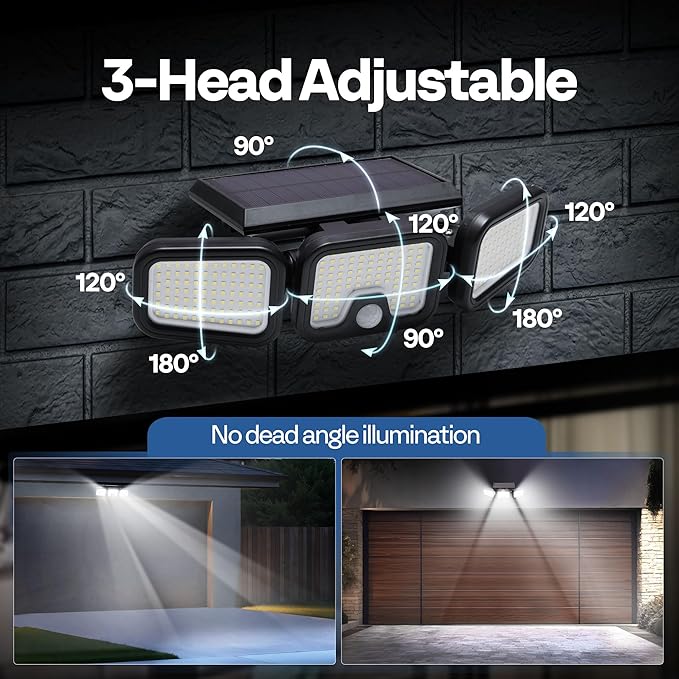 VIVOHOME Solar Flood Lights Outdoor 256 LED 2500LM Motion Sensor Lights 3 Adjustable Heads Security Lights IP65 Waterproof 270° Wide Lighting Angle Solar Powered Lights for Porch Yard 3 Pack