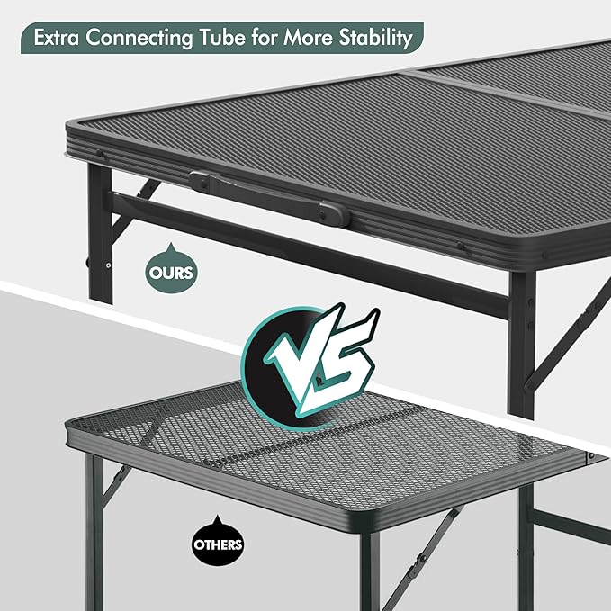 VILLEY Grill Table 3ft Folding Camping Table with Aluminum Adjustable Legs Portable Lightweight Camp Table for Beach Picnics and Outdoor Cooking