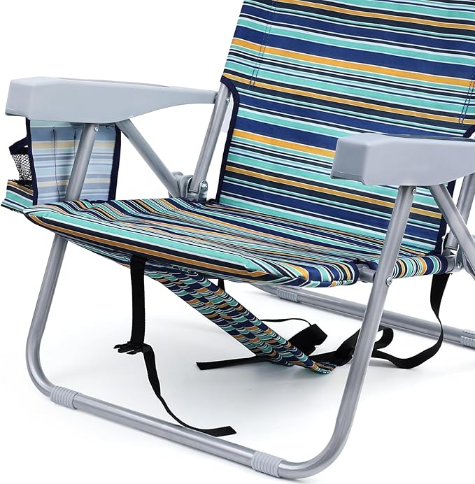 Backpack Beach Chair for Adults Folding Beach Chair with 4 Positions Heavy Duty Chair with Large Cooler Pouch Support to 350LBS (Stripes_Blue&ampCyan&ampYellow)